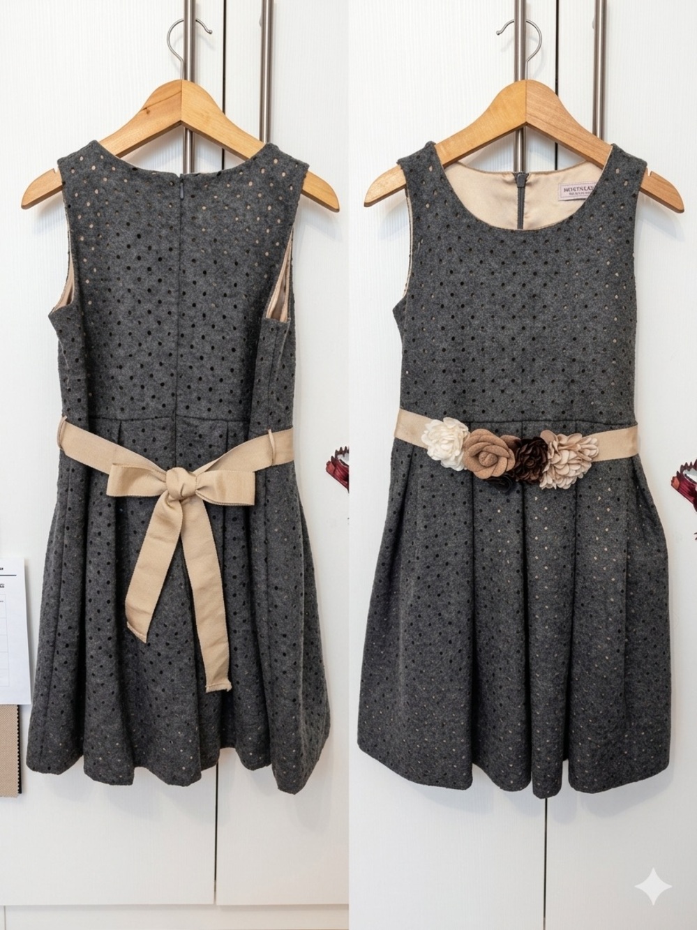 MonnaLisa Charcoal Eyelet Formal Dress with Beige Floral Sash